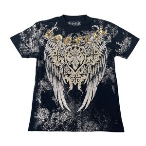 Konflic T-Shirt Mens XL Black Graphic Angel Wings Cross Gothic MMA Biker USA